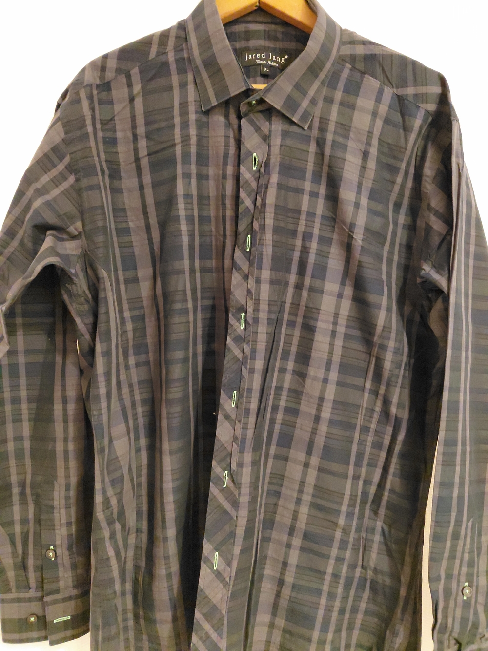 Jared Lang Dark Plaid Button-Up Shirt with Subtle Green Accents XL